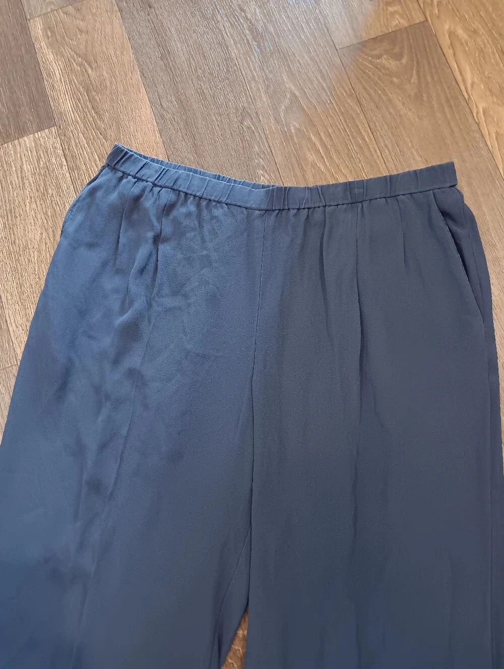 Eileen Fisher Navy Elastic-Waist Wide-Leg Pants 100%silk Sz L